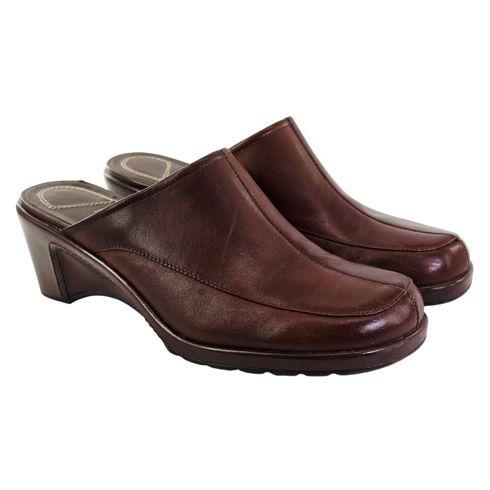 Liz Claiborne Flex Brown Leather Mules‎ Square Toe Block Heel Clogs Womens 8M